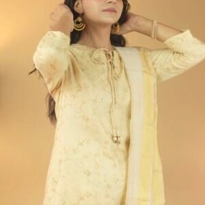 Yellow Floral Cotton Kurta Set with Silk Dupatta