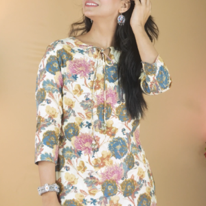 Women’s Ivory Floral Print Cotton Kurti & Afghani Co-ord Set