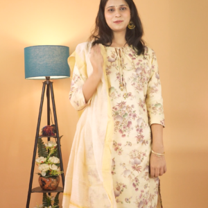 Women’s Pure Cotton Floral Kurta & Afghani Salwar Set Lemon Yellow