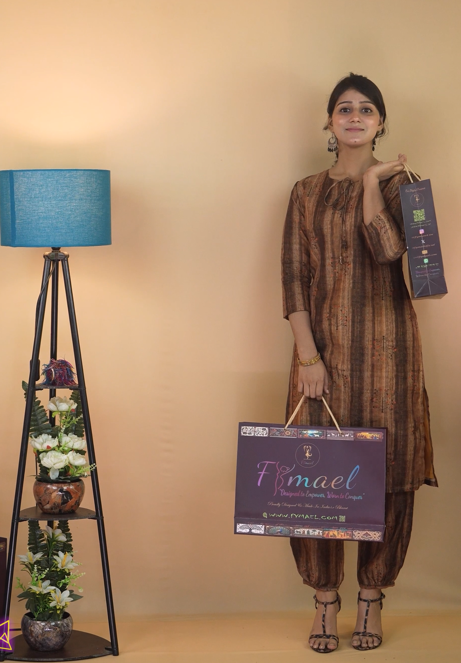 Women's Gurjari-Inspired Printed Chanderi Silk Kurta Set Brown - Image 5