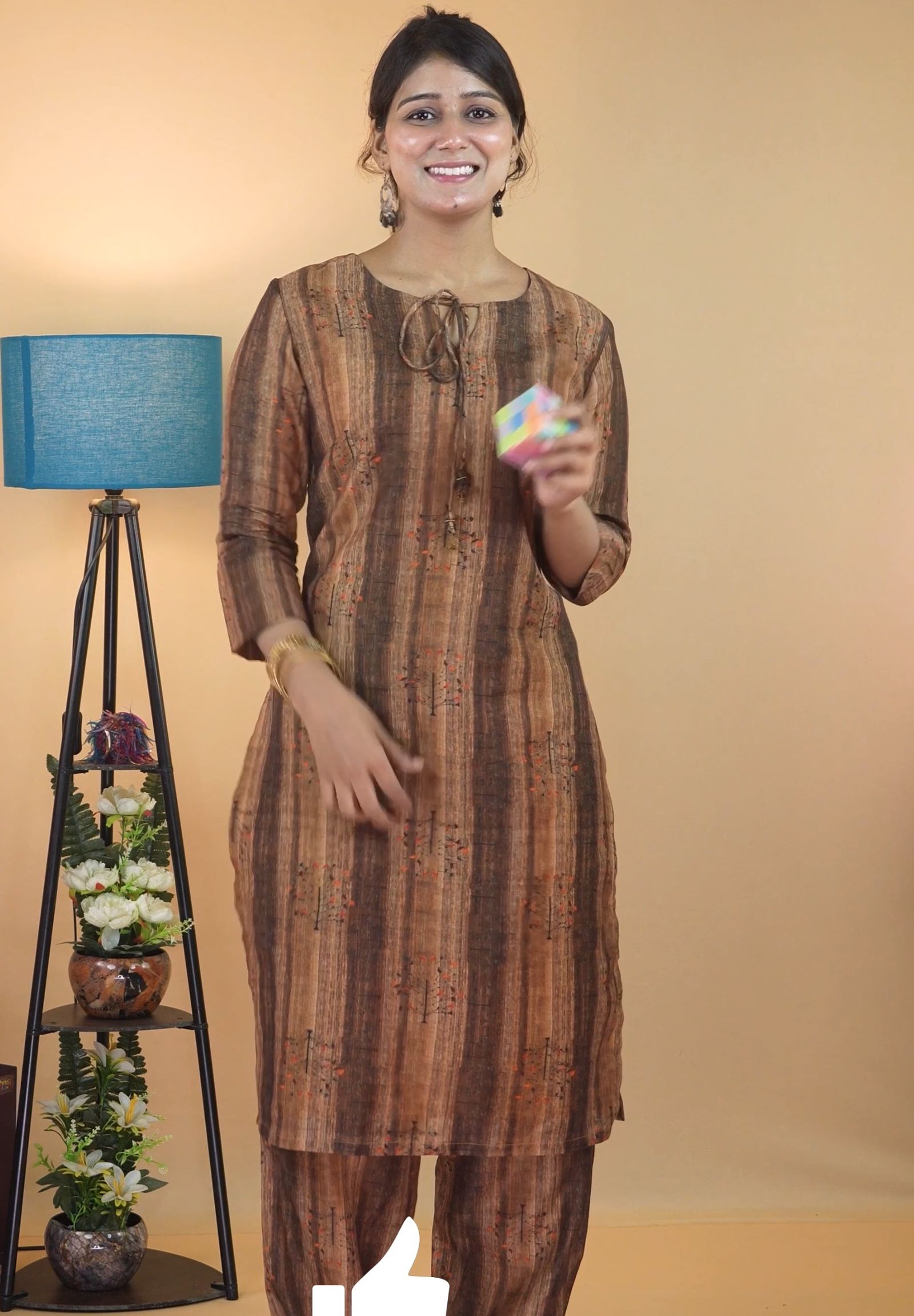 Women's Gurjari-Inspired Printed Chanderi Silk Kurta Set Brown - Image 3