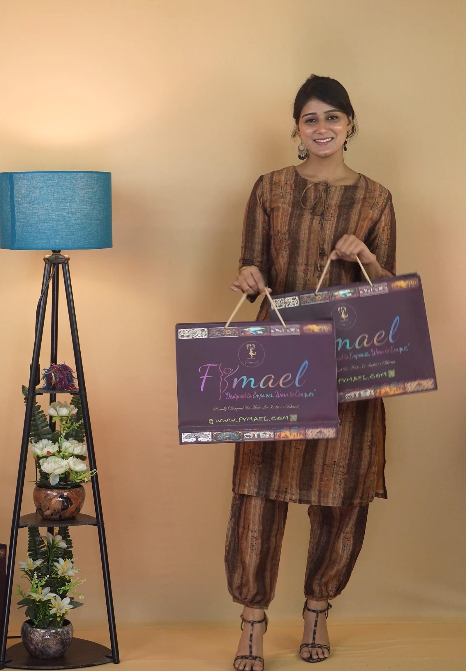 Women's Gurjari-Inspired Printed Chanderi Silk Kurta Set Brown - Image 2