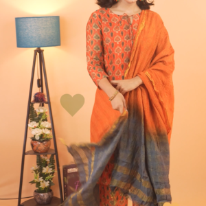 Women’s Orange Floral Print Chanderi Silk Kurta Salwar Set Dupatta
