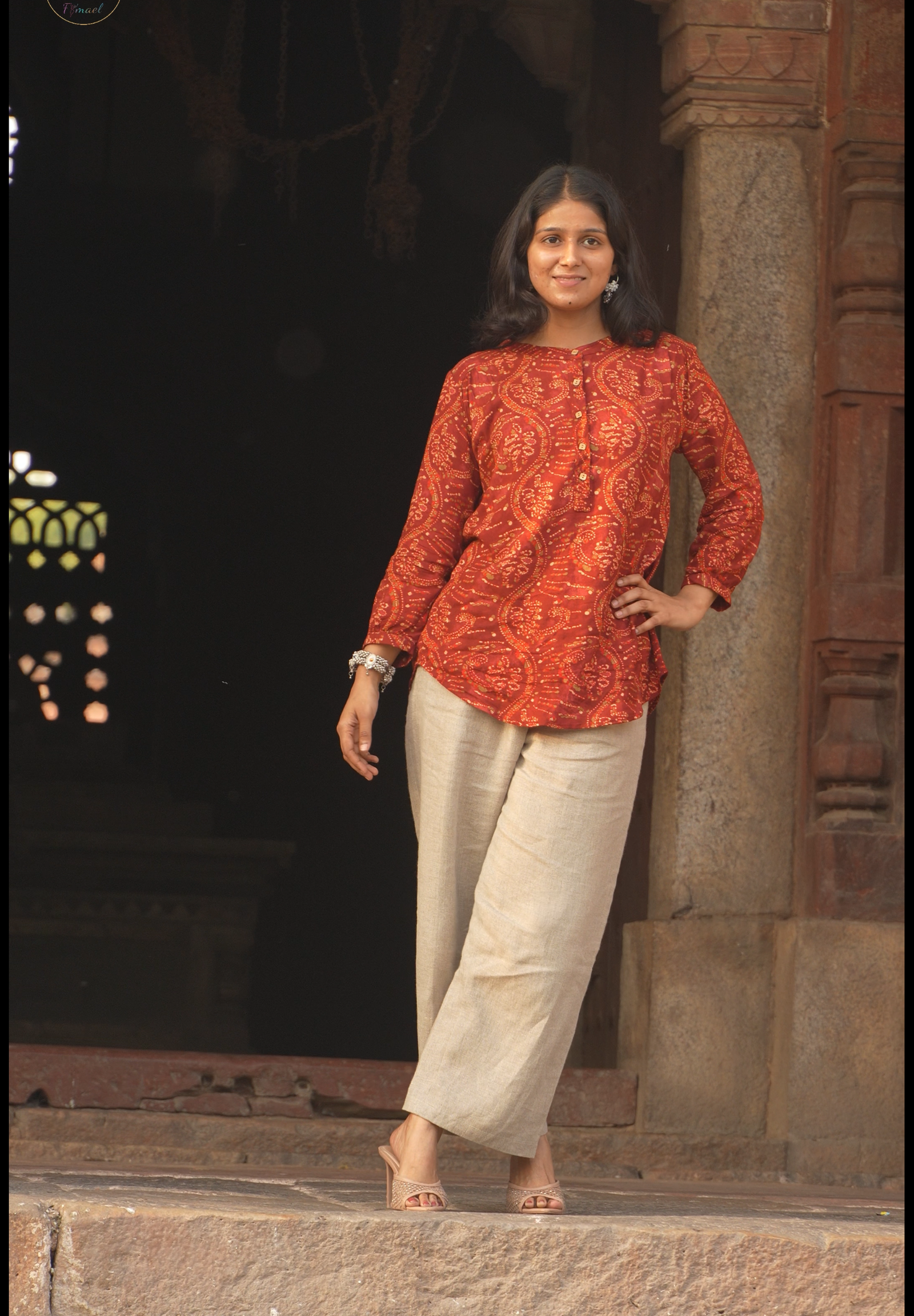 Women’s Red Ethnic Printed Rayon Short Kurti - Image 2