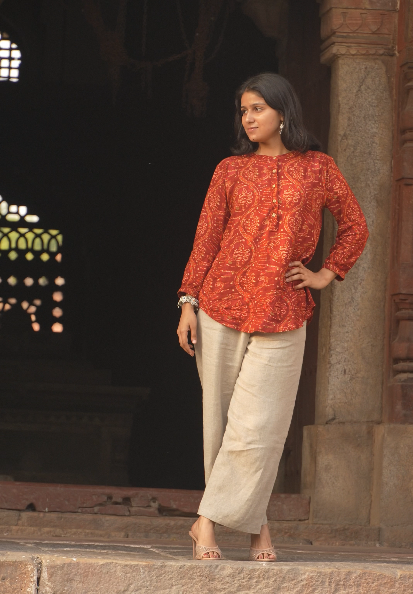 Women’s Red Ethnic Printed Rayon Short Kurti